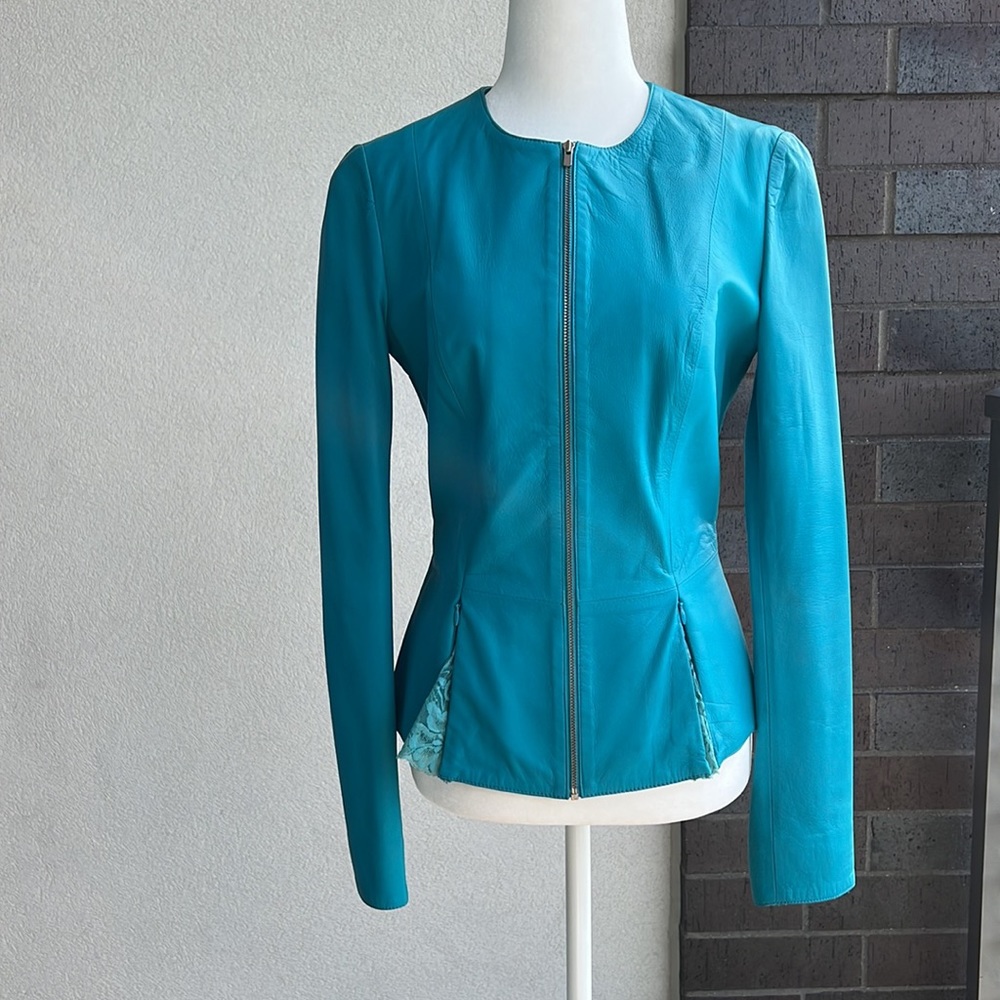 Blue leather jacket. Size S. Made in Turkey. Excellent condition